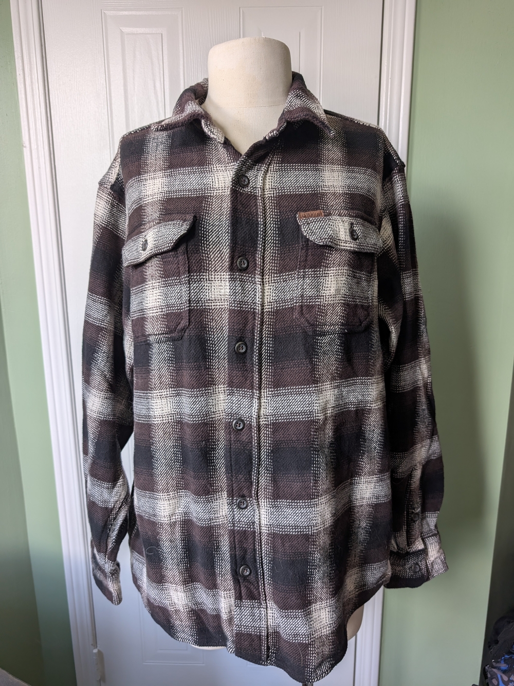 Men's Orvis Brown & Cream Plaid Button-Up Workshirt Jacket Sz L